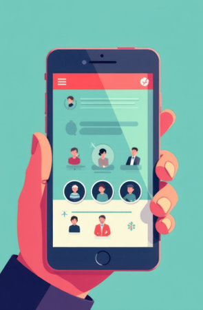 Hand is holding a smartphone displaying a social media application with various user profiles, chat messages, and interactive elements, suggesting online communication and networkingの写真素材