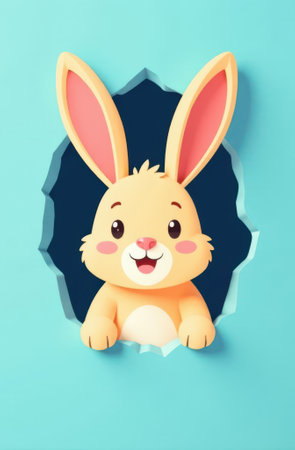 Playful cartoon bunny peeking out from a torn hole in vibrant turquoise paper, creating a cheerful and whimsical atmosphere full of joy and innocenceの素材