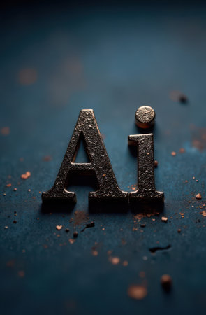 Large metallic letters spelling ai rest on a dark blue surface scattered with copper flakes, creating a striking visual representation of artificial intelligenceの素材