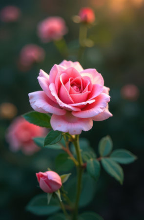 Blooming pink rose basking in soft sunlight, surrounded by a beautifully blurred background, evoking a romantic and delicate atmosphere perfect for spring and summerの素材
