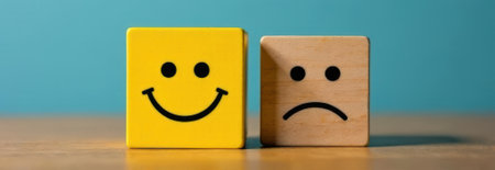 Two cubes, one yellow and one wooden, displaying a happy and sad face respectively, represent the duality of emotions and offer ample copy space for text or design elementsの素材