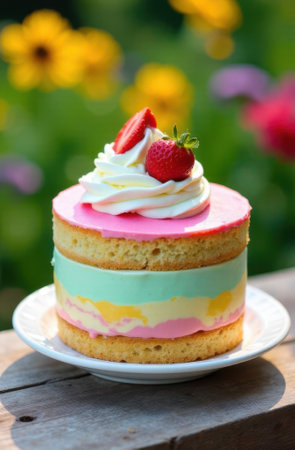 Colorful layered cake with pink icing, whipped cream topping, and fresh strawberries sits on a white plate in a vibrant garden setting, creating a delightful summer dessert sceneの素材