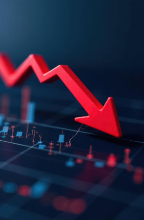 Red arrow pointing down over a financial chart, indicating decreasing trend in stock market or forex trading, representing financial crisis or economic recessionの素材