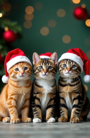 Three adorable kittens wearing santa claus hats are sitting and posing near a decorated christmas tree with bokeh lights in the background, creating a festive and heartwarming sceneの素材