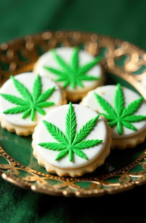 Round sugar cookies decorated with bright green cannabis leaves rest on an elegant green and gold plate on a green tablecloth, celebrating the increasing acceptance of marijuanaの素材