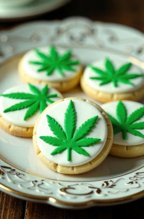 Round cookies decorated with green cannabis leaves are neatly arranged on a white plate with gold trim, suggesting a modern approach to edible cannabis consumptionの素材