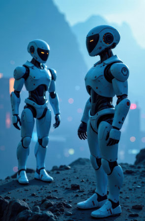 Two humanoid robots are standing on a rocky alien planet surface at night, exploring a new world with futuristic city lights in the background, showcasing advanced ai technologyの素材
