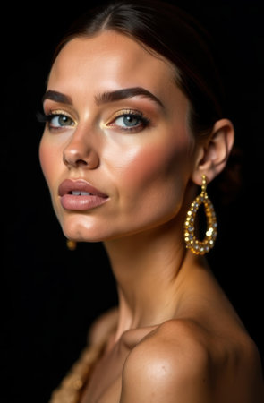 Studio portrait of a fashion model showcasing elegant gold earrings and professional makeup against a dark backdrop, creating a glamorous and sophisticated atmosphereの素材