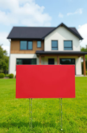 Bright red sign placed on a lush green lawn in front of a contemporary two-story house, suggesting property sale or real estate opportunity under a clear blue skyの素材