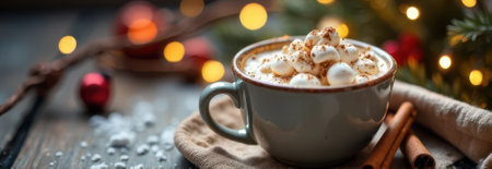 Steaming mug of hot chocolate topped with marshmallows and cinnamon, surrounded by festive christmas lights and decorations, evokes warmth and holiday spiritの素材
