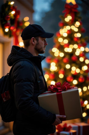 Delivery man carrying christmas gift near decorated treeの素材