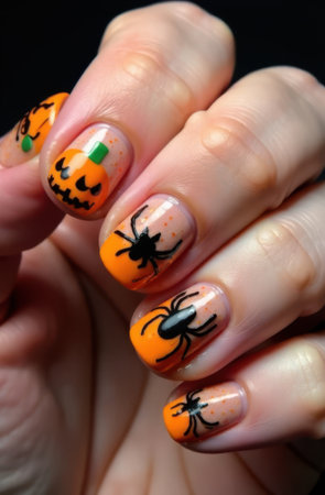 Woman showing halloween nail art with spiders and pumpkinsの素材