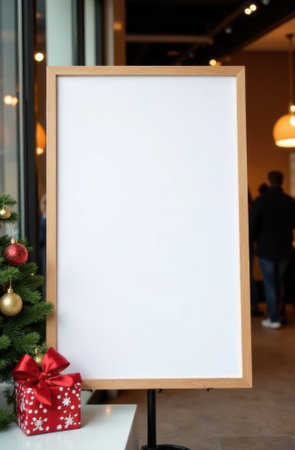 Blank white board displaying next to decorated christmas tree and gift