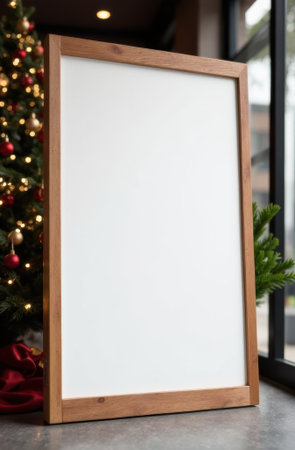 Vertical blank white sign with wooden frame standing next to decorated christmas tree with string...