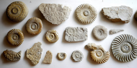 Ancient ammonite fossils showcasing diverse sizes and intricate spiral patterns, representing a valuable collection for paleontology and geology studies, revealing earth's prehistoric life formsの素材