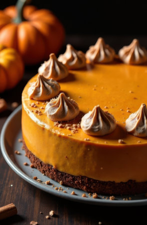 Whole pumpkin cheesecake with meringue topping sits on a gray plate, sprinkled with cinnamon, creating a festive and inviting scene perfect for autumn celebrationsの素材