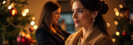 Elegant woman is smiling next to a decorated christmas tree during a christmas party, with copy space available for holiday greetings or advertising messagesの素材