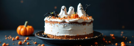 Tasty halloween cake decorated with edible ghosts, spiders, and pumpkins, creating a spooky and festive dessertの素材