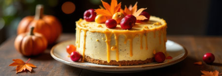 Creamy pumpkin cheesecake decorated with autumn leaves and berries, creating a festive dessert perfect for thanksgivingの素材