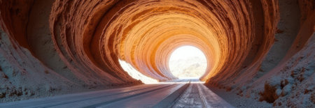Empty asphalt road through illuminated tunnel with copy space banner backgroundの素材