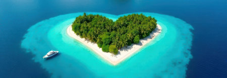 Breathtaking aerial view of a heart-shaped tropical island surrounded by crystal-clear turquoise water, featuring lush vegetation and a yacht sailing nearbyの素材