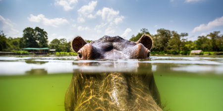 Hippo head peeking above water with submerged body visible below in a serene split-view river scene, showing aquatic habitat, power and tranquil wildlife presenceの素材