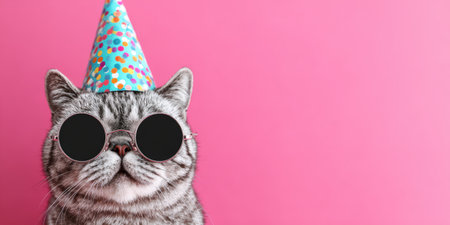 Tabby cat wearing a colorful party hat and stylish round sunglasses, celebrating a special occasion with a cool and funny expression against a vibrant pink backgroundの素材