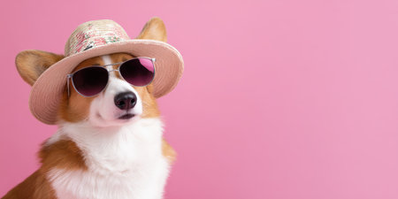 Corgi dog sporting stylish sunglasses and a straw hat, posing confidently against a vibrant pink backdrop, embodying a fun summer vacation and holiday conceptの素材