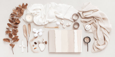Artistic overhead view displaying a calming arrangement of various art supplies, natural elements, fabrics, and paint swatches on a light background, creating a soothing aesthetic paletteの素材