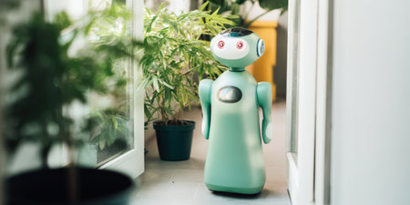Domestic robot with ai technology moving through a contemporary living space, providing futuristic automation and support for daily tasks, integrating with home plantsの素材