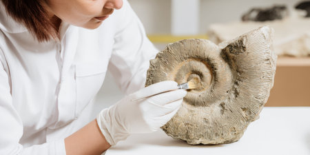 Scientist wearing white lab coat and gloves meticulously cleaning an ancient ammonite fossil using a small brush, focusing on paleontology research and historical preservationの素材