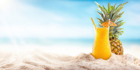 Refreshing pineapple cocktail with straw and umbrella on warm sandy beach, whole pineapple beside it and blurred blue sky and ocean in background evoking tropical vacation relaxationの素材