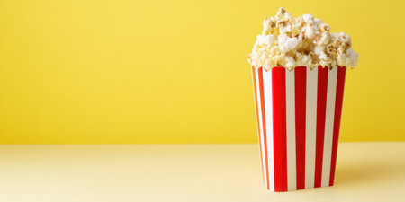 Popcorn in a classic red and white striped container placed on a light table with a vibrant yellow background, symbolizing entertainment and delicious snackingの素材