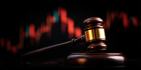 Gavel resting on a sound block with a blurred background displaying a red candlestick chart, symbolizing legal oversight and compliance within financial markets and the stock exchangeの素材