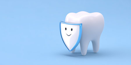 White 3d tooth model standing on a light blue background, receiving protection from a smiling transparent blue-bordered shield, symbolizing strong dental health and careの素材