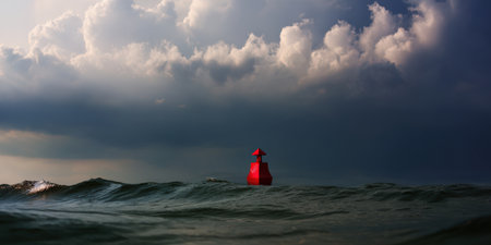 Red navigational buoy floating on ocean waves under a dark, dramatic sky with cumulus clouds, symbolizing warning, solitude, and resilience against a stormy sea and challenging weatherの素材