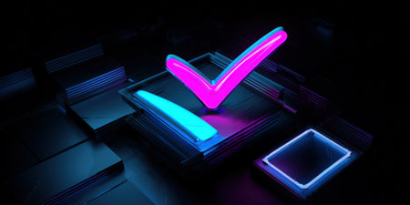 Neon check mark in vibrant pink and blue colors illuminates a dark, futuristic digital platform, representing confirmation, approval, and successful task completion in modern technologyの素材