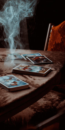Tarot cards spreading on a dark velvet table, with light blue smoke rising, symbolizing mysticism, fortune telling, and spiritual guidance in a mysterious, occult settingの素材