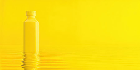 Yellow minimalist beverage bottle with a cap, reflecting in abstract rippling monochromatic yellow water, creating a vibrant and clean visual emphasizing freshness and hydrationの素材