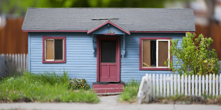 Small blue model house with red trim and a gray roof, featuring a vibrant green lawn and a classic white picket fence suggesting themes of home, community, and childhoodの素材