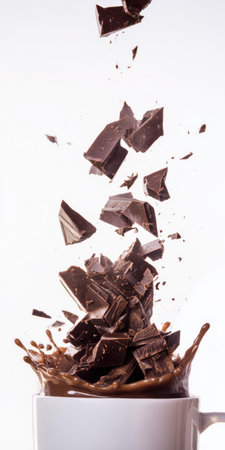 Delicious dark chocolate pieces creating a dynamic splash in a white mug filled with rich hot cocoa, capturing the indulgent moment of preparing a sweet drinkの素材