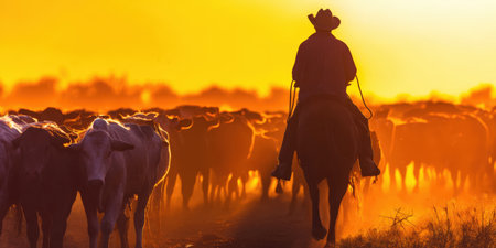 Cowboy riding a horse, herding a large group of cattle across a dusty field, creating a strong silhouette against the vibrant golden light of a stunning sunsetの素材