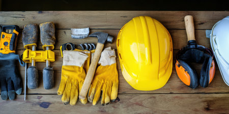 Yellow hard hat, ear protection, work gloves and hammer arranged on rustic wooden board, symbolizing carpentry, construction and renovation safety and personal protective equipmentの素材