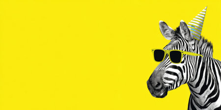 Zebra head presenting a playful party concept, wearing a festive hat and stylish yellow sunglasses against a vibrant yellow background, creating a fun celebration atmosphereの素材
