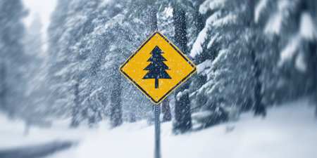 Yellow diamond-shaped road sign with a black tree symbol providing a warning of forest or falling snow conditions, standing on a pole in a heavily snowing winter forest sceneの素材