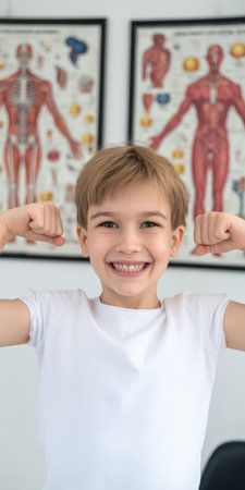 Young boy smiling and flexing his biceps, symbolizing good health, strength, and vitality, posing confidently in a clinic setting with anatomical charts in the backgroundの素材