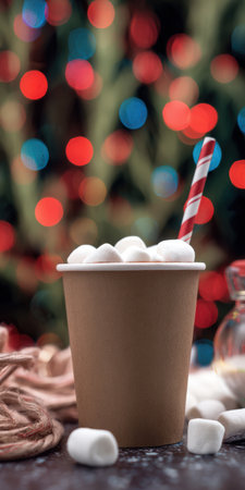Hot chocolate in a brown paper cup topped with marshmallows and a red striped candy cane straw, cozy winter holiday scene with blurred christmas lights bokeh in backgroundの素材