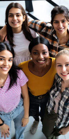Group of happy diverse young women standing close together, hugging, and proudly showing their friendship and unity while smiling at the camera from an overhead viewの素材