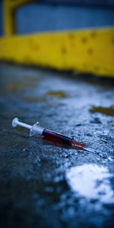 Discarded syringe containing reddish liquid, possibly blood or drug, lying on wet, dirty ground in a dimly lit urban environment, symbolizing danger and substance abuseの素材