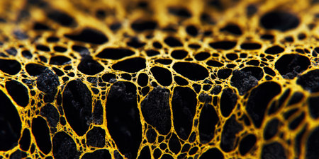 Golden web-like structures forming a porous, intricate network across a dark, organic surface, illustrating interconnectedness and complex biological designs at a macro levelの素材